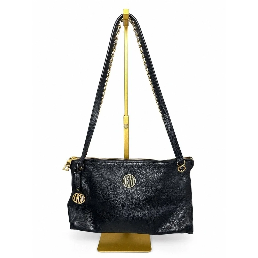DKNY Black Pebbled Leather Crossbody / Shoulder Bag Gold Chain Strap